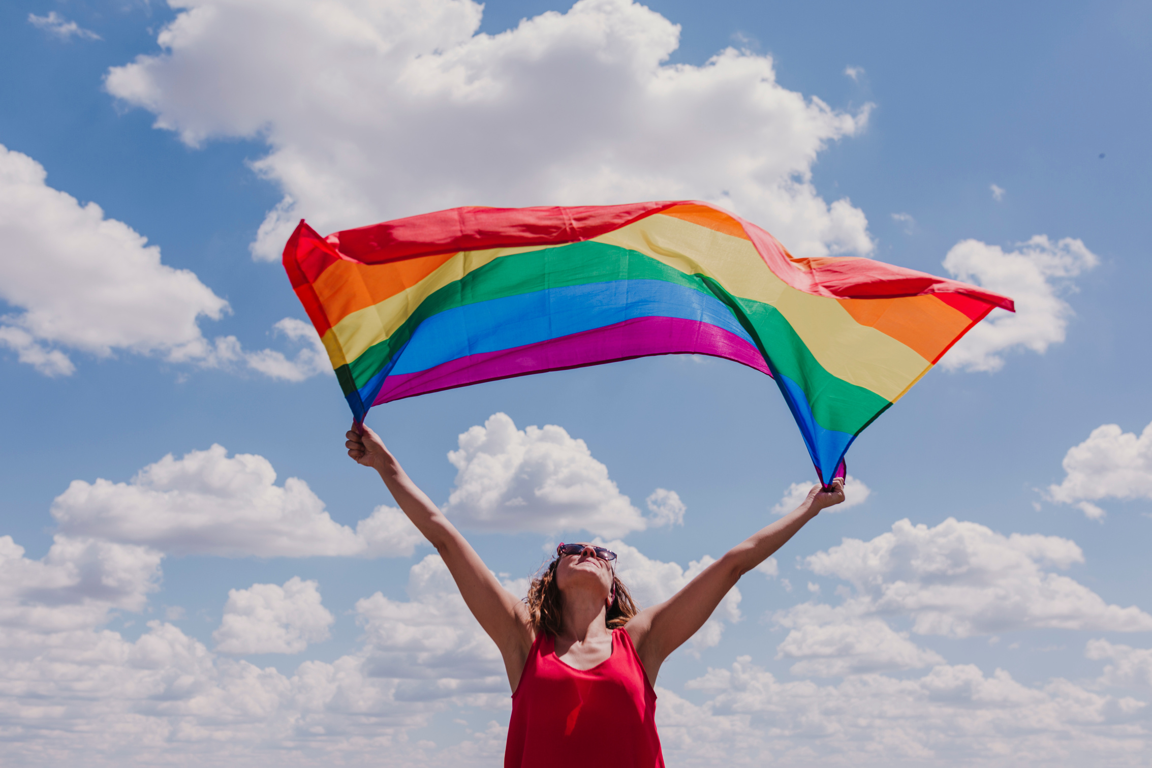Woman Holding Pride Flag Against the Sky